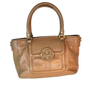 Tory Burch Amanda Caramel Tan Pebble Leather Dual Handle Mini Satchel Tote Bag